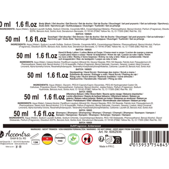 ACCENTRA MEN'S COLLECTION CONFEZIONE 6 PEZZI; BAGNOSCHIUMA 50 ML, LOZIONE MANI E CORPO 50 ML, SCRUB MANI 50 ML, GEL DOCCIA 50 ML, BALSAMO DOPOBARBA 50 ML, SHAMPOO 50 ML. PROFUMAZIONE AMBERWOOD