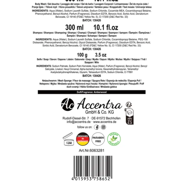ACCENTRA MEN'S COLLECTION CONFEZIONE REGALO IN SECCHIELLO DI LATTA; GEL DOCCIA 300 ML, SHAMPOO 300 ML, SAPONE 100 GR., SPUGNA DA BAGNO. PROFUMAZIONE AMBERWOOD.