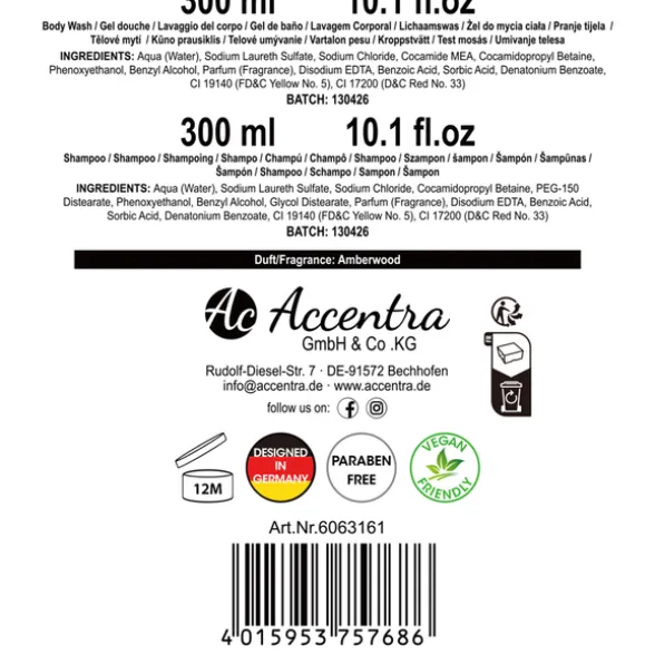 ACCENTRA MEN'S COLLECTION CONFEZIONE REGALO IN CESTINO IN FILO METALLICO; DETERGENTE CORPO 300 ML, SHAMPOO 300 ML. PROFUMAZIONE AMBERWOOD