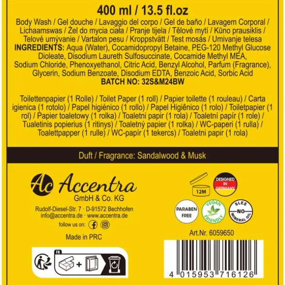 ACCENTRA MEN TOOLKIT CONFEZIONE DA BAGNO UOMO; BAGNOSCHIUMA 400 ML, 1 ROTOLO CARTA IGIENICA. PROFUMAZIONE SANDALO E MUSCHIO