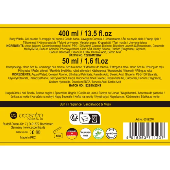 ACCENTRA MEN TOOLKIT CONFEZIONE DA BAGNO UOMO IN CASSETTA ATTREZZI; BAGNOSCHIUMA 400 ML + SCRUB MANI 50 ML + SPAZZOLA PER UNGHIE. PROFUMAZIONE SANDALO E MUSCHIO