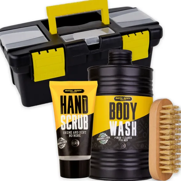 ACCENTRA MEN TOOLKIT CONFEZIONE DA BAGNO UOMO IN CASSETTA ATTREZZI; BAGNOSCHIUMA 400 ML + SCRUB MANI 50 ML + SPAZZOLA PER UNGHIE. PROFUMAZIONE SANDALO E MUSCHIO