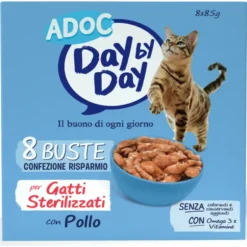 ADOC DAY BY DAY CATS PER GATTI STERILIZZATI CON POLLO BUSTE 8x85 GRAMMI