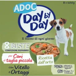 ADOC DAY BY DAY DOG PER CANI DI TAGLIA PICCOLA CON VITELLO E ORTAGGI BUSTE 8x100 GRAMMI