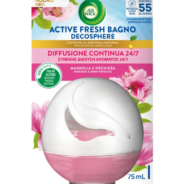 AIRWICK ACTIVE FRESH BAGNO DECOSPHERE EMANATORE LIQUIDO MAGNOLIA e ORCHIDEA 75 ML