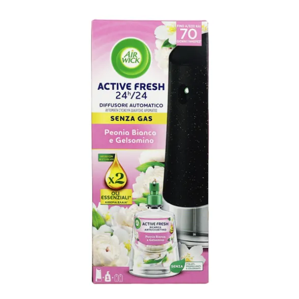 AIRWICK ACTIVE FRESH DIFFUSORE ELETTRICO AUTOMATICO COMPLETO BASE + RICARICA 228 ML + BATTERIE FRAGRANZA BOUQUET DI GELSOMIN0