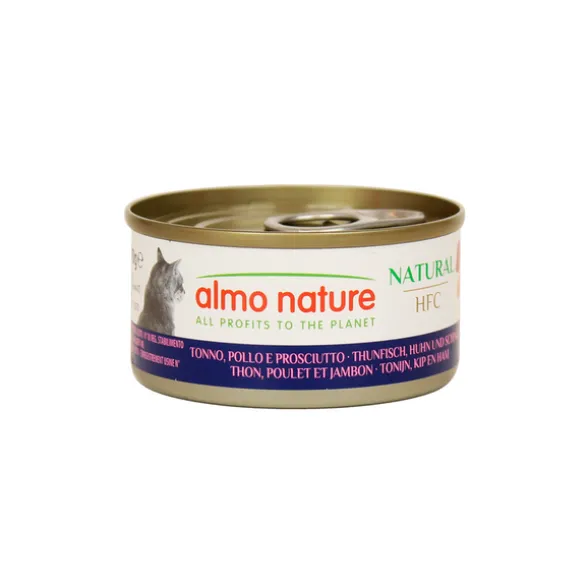 ALMO NATURE GATTI NATURAL TONNO-POLLO-PROSCIUTTO LATTINA 70 GRAMMI HFC NATURAL