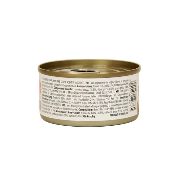 ALMO NATURE GATTI NATURAL TONNO-POLLO-PROSCIUTTO LATTINA 70 GRAMMI HFC NATURAL