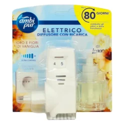 AMBIPUR ELETTRICO DIFFUSORE + RICARICA ORO E FIORI DI VANIGLIA 20 ML DURATA FINO A 80 GIORNI