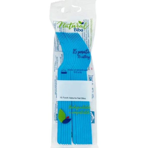 BIBO NATURAL 15 FORCHETTE BIODEGRADABILI e COMPOSTABILI AZZURRE