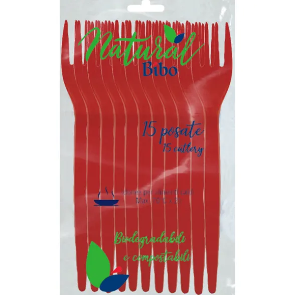 BIBO NATURAL 15 FORCHETTE ROSSE BIODEGRADABILI e COMPOSTABILI