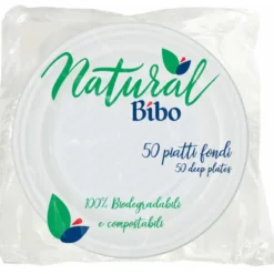 BIBO NATURAL 50 PIATTI FONDI 21,5 CM DIAMETRO BIODEGRADABILI e COMPOSTABILI