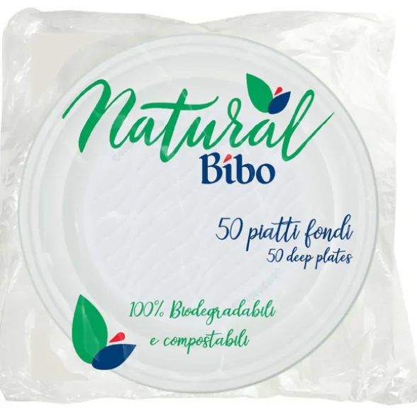 BIBO NATURAL 50 PIATTI FONDI 21,5 CM DIAMETRO BIODEGRADABILI e COMPOSTABILI