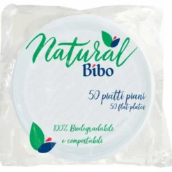 BIBO NATURAL 50 PIATTI PIANI 21,5 CM DIAMETRO BIODEGRADABILI e COMPOSTABILI
