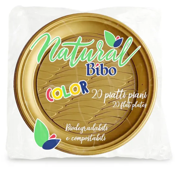 BIBO NATURAL 20 PIATTI PIANI 21,5 DM BIODEGRADABILI COMPOSTABILI COLORE ORO