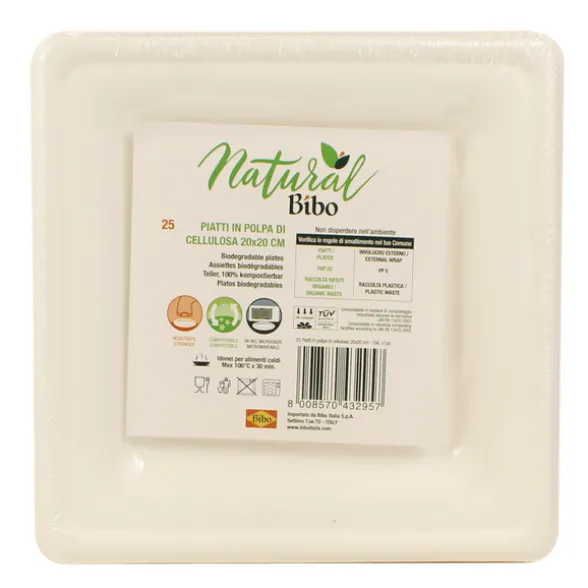BIBO NATURAL 25 PIATTI QUADRATI DM 20 cm BIODEGRADABILI e COMPOSTABILI
