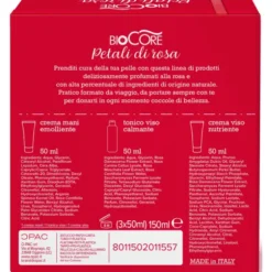 BIOCORE COFANETTO PETALI DI ROSA: CREMA MANI EMOLLIENTE ALLA ROSA TUBO 50 ML + CREMA VISO NUTRIENTE ALLA ROSA TUBO 50 ML + TONICO VISO CALMANTE ALLA ROSA FLACONE 50 ML