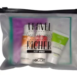 BIOCORE POCHETTE VISO KIT TRAVEL RICHER 3 PRODOTTI; ACQUA MICELLARE 50 ML - DETERGENTE VISO 50 ML - CREMA VISO H24 TUBO 20 ML - MASCHERA OCCHI IN TESSUTO