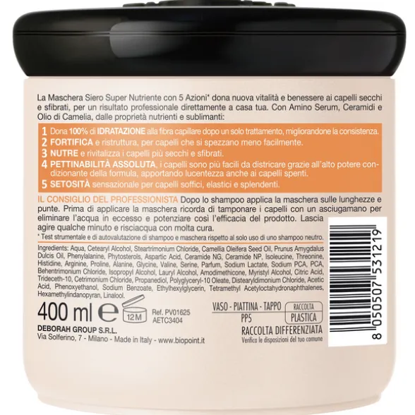 BIOPOINT PROFESSIONAL MASCHERA SIERO SUPER NUTRIENTE 5 AZIONI CAPELLI SECCHI E SFIBRATI AMINO SERUM+CERAMIDI 400 ML