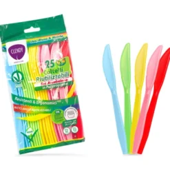 CLENDY HOME&CARE COLTELLI DI PLASTICA RIUTILIZZABILI SET ARCOBALENO BUSTA 25 PEZZI