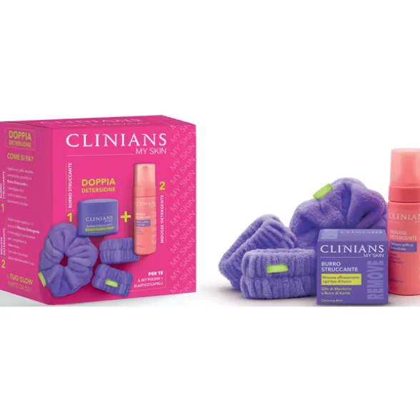 CLINIANS COFANETTO MY SKIN DOPPIA DETERSIONE; BURRO STRUCCANTE 80 ML + MOUSSE DETERGENTE 150 ML + SET POLSINI ed ELASTICO CAPELLI