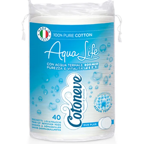COTONEVE AQUA LIFE MAXI DISCHETTI OVALI LEVATRUCCO IN PURO COTONE CON ACQUA TERMALE BORMIO 40 PEZZI