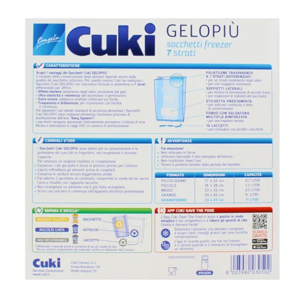 CUKI GELOPIÙ SACCHETTI FREEZER - FORMATO GRANDISSIMO - 10 SACCHETTI - LT 11.0 - CM 35X50