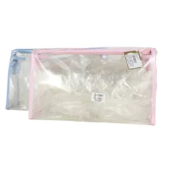 DEFILE' BUSTA IN PVC TRASPARENTE DECORATA BORDO ROSA O AZZURRO 29x19x9 CM