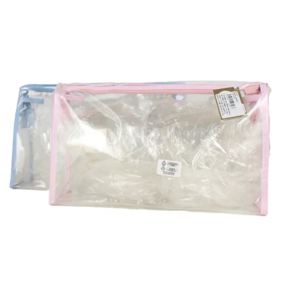DEFILE' BUSTA IN PVC TRASPARENTE DECORATA BORDO ROSA O AZZURRO 29x19x9 CM