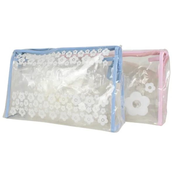 DEFILE' BUSTA IN PVC TRASPARENTE DECORATA BORDO ROSA O AZZURRO 29x19x9 CM