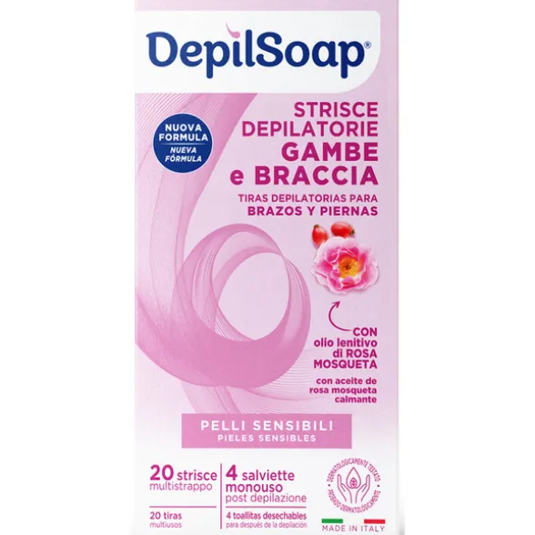 DEPILSOAP 20 STRISCE DEPILATORIE GAMBE e BRACCIA + 4 SALVIETTE POST DEPILAZIONE PELLI SENSIBILI