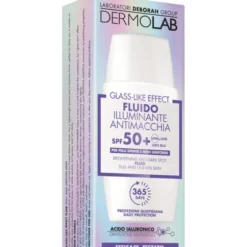 DERMOLAB VISO GLASS LIKE EFFECT STEP 4; FLUIDO ILLUMINANTE ANTIMACCHIA SPF 50+ TEXTURE LEGGERA DAL FINISH LUMINOSO PER PELLI SPENTE NON UNIFORMI; ETÀ 20, 30, 40; 40 ML