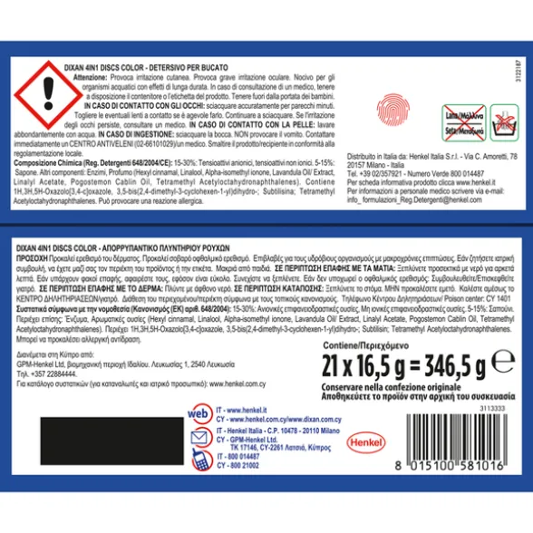 DIXAN DISCS DETERSIVO BUCATO LAVATRICE COLOR 4in1 21 LAVAGGI PAPERBOX