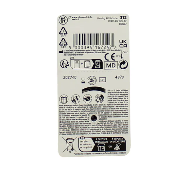 DURACELL BATTERIA PER APPARECCHI ACUSTICI 1,45 VOLT 6 PZ CODE 312 PR41