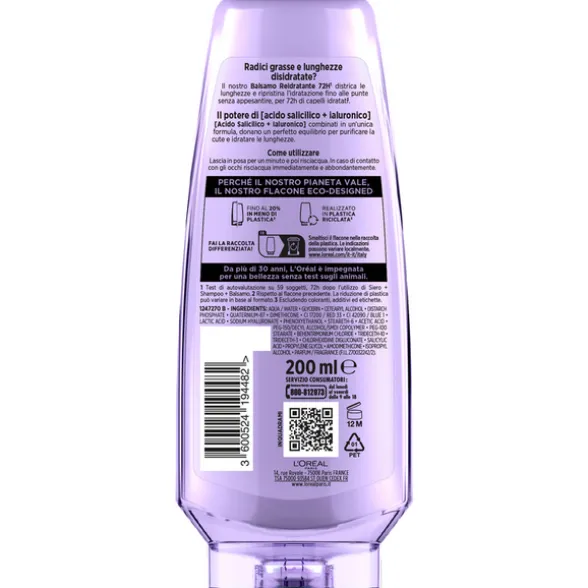 ELVIVE BALSAMO YALURONIC PURE REIDRATANTE CUTE E RADICI GRASSE, LUNGHEZZE DISIDRATATE 200 ML