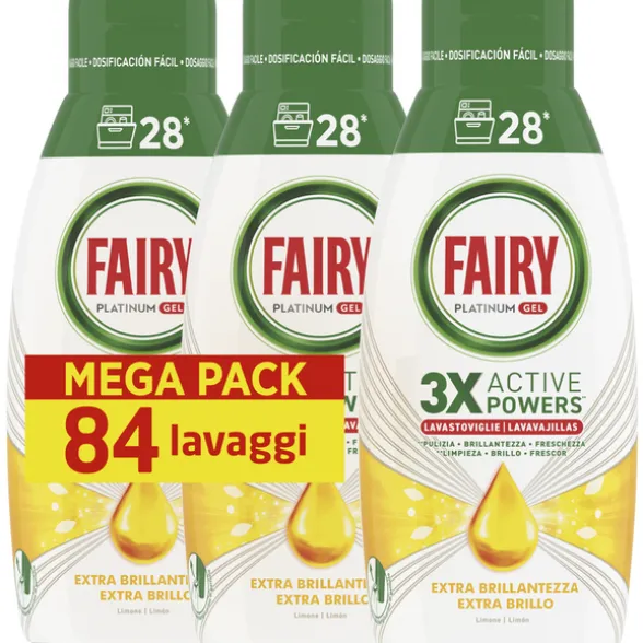 FAIRY PLATINUM GEL LAVASOVIGLIE 3 X ACTIVE POWERS EXTRA BLILLANTEZZA 28 LAVAGGI 504 ML x 3 PEZZI