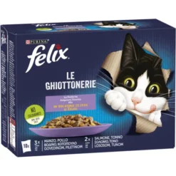 FELIX LE GHIOTTONERIE 10 BUSTE DA 85 GRAMMI 3 MANZO 3 POLLO 2 SALMONE 2 TONNO