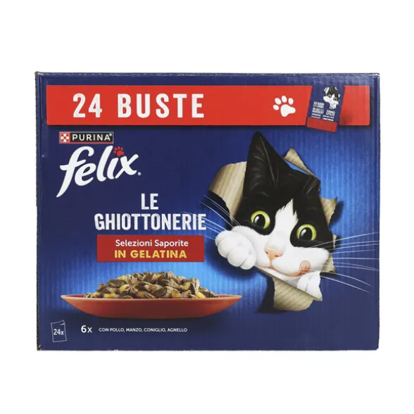 FELIX LE GHIOTTONERIE IN GELATINA 24 BUSTE DA 85 GRAMMI > 6 POLLO - 6 MANZO - 6 CONIGLIO - 6 AGNELLO