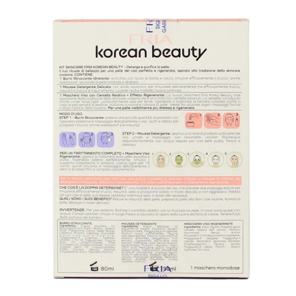 FRIA COFANETTO KOREAN BEAUTY BOX DOPPIA DETERSIONE; BURRO IDRATANTE 80 ML + MOUSSE DETERGENTE 150 ML + MASCHERA VISO CENTELLA ASIATICA