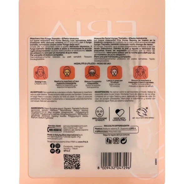 FRIA KOREAN BEAUTY MASK FACE IN TESSUTO CON FUNGO TREMELLA IDRATANTE PELLI SECCHE