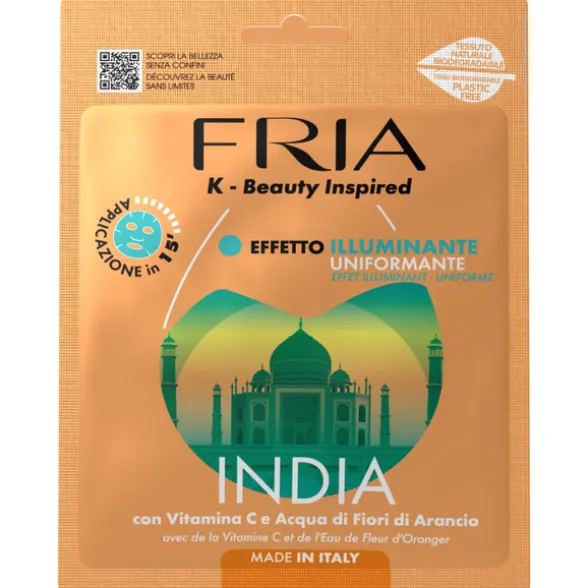 FRIA MASCHERA VISO IN TESSUTO NATURALE BIO ILLUMINANTE UNIFORMANTE INDIA CON VITAMINA C e ACQUA DI FIORI DI ARANCIO