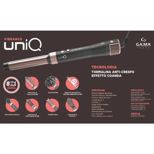 GAMA PHON UNIQ VIBRANCE 8in1 ASCIUGACAPELLI, SPAZZOLA ROTONDA, SPAZZOLA OVALE, SPAZZOLA PIATTA, DIFFUSORE, STIRATURA, 2 ARICCIACAPELLI