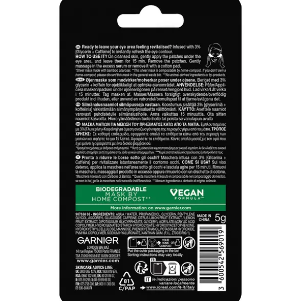 GARNIER SKIN ACTIVE CAFFEINE E CHARCOAL EYE MASK 15 MINUTI