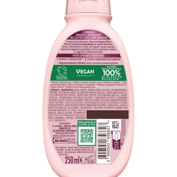 GARNIER ULTRA DOLCE IDRATAZIONE D'UVA SHAMPOO IDRATANTE E RIGENERANTE CAPELLI DISIDRATATI 250 ML