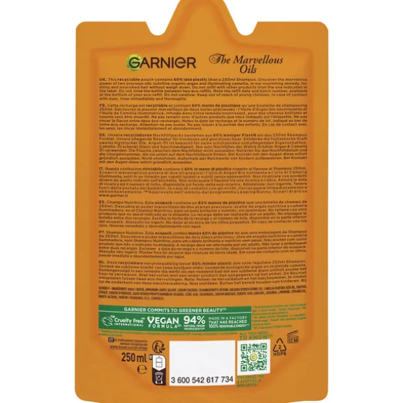 GARNIER ULTRA DOLCE SHAMPOO RICARICA POUCHES OLIO MERAVIGLIOSO ARGAN E CAMELIA 250 ML