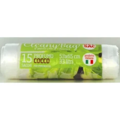 GEL SAC ROTOLO 15 SACCHI SHOPPERS PATTUMIERA CON MANICI 53x65 CM 33 LITRI TRASPARENTE PROFUMO COCCO