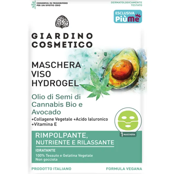 GIARDINO COSMETICO MASCHERA VISO HYDROGEL IN TESSUTO RIMPOLPANTE, NUTRIENTE e RILASSANTE CON OLIO DI SEMI CANNABIS BIO e AVOCADO