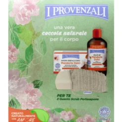 I PROVENZALI COFANETTO MANDORLE DOLCI - OLIO MANDORLE DOLCI ELASTICIZZANTE 250 ML + SAPONE VEGETALE CORPO MANDORLE DOLCI 250 grammi + GUANTO SCRUB