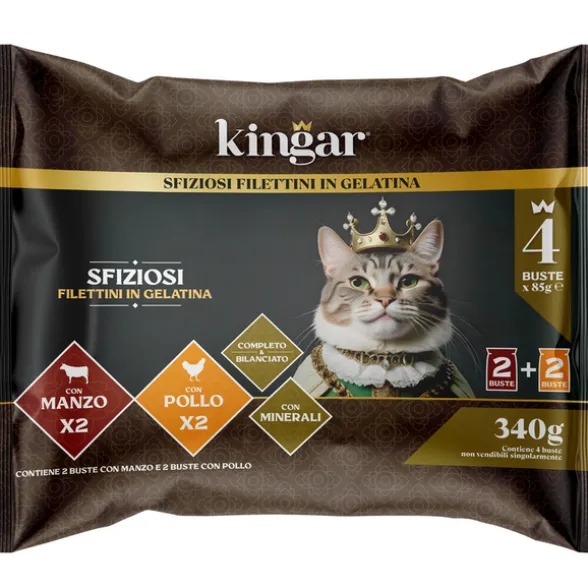 KINGAR CAT FILETTINI IN GELATINA MANZO POLLO 4 BUSTE DA 85 GRAMMI