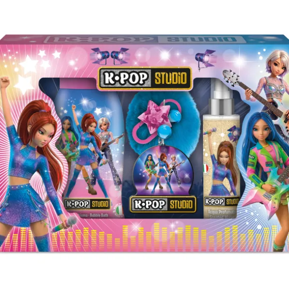 K-POP STUDIO COFANETTO CHARMS - BAGNOSCHIUMA 250 ML + ACQUA PROFUMATA GLITTERATA 100 ML + PORTACHIAVI CON PON PON
